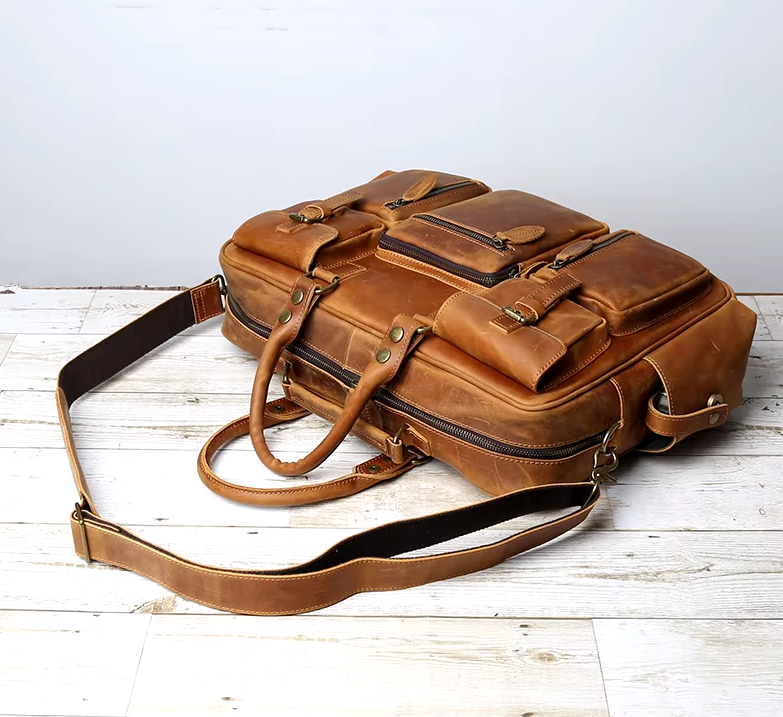 Genuine Leather Duffle Bag | Vintage Travel Holdall | Multi-Pocket Weekender