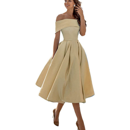 Off-Shoulder Midi Dress | Elegant Fit and Flare | Formal Event Ready