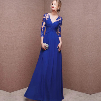 Lace Bodice Evening Gown | Long Sleeve Chiffon Maxi | Elegant Formal Dress