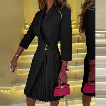 Wrap Front Midi Dress | 3/4 Sleeve & Pleated Contrast Skirt | Modern Structured Fit