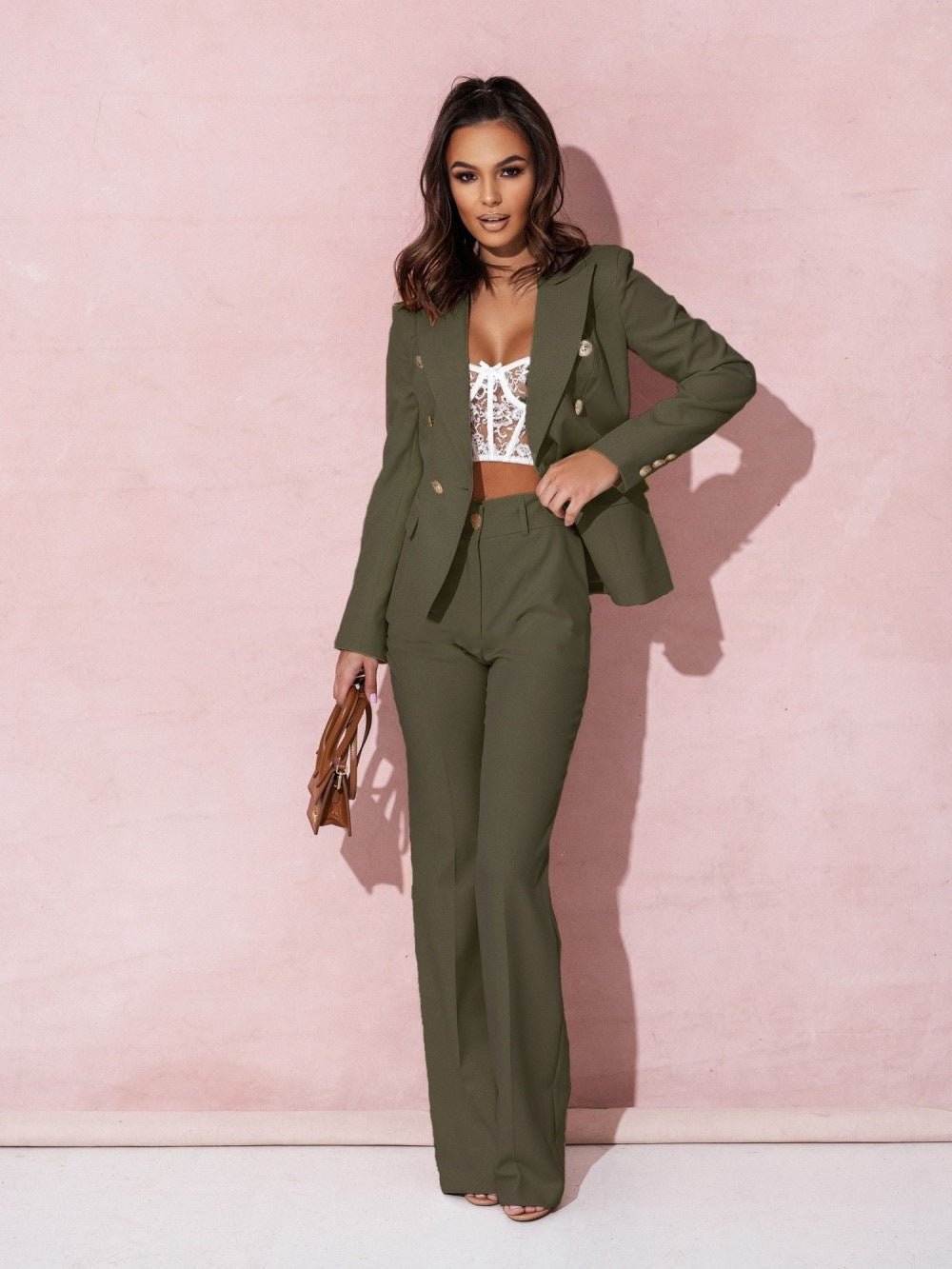Tailored Blazer & Flared Pant Set | Double-Breasted Jacket | High-Waist Fit
