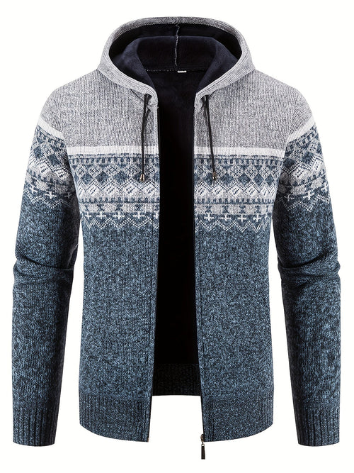 Men’s Zip-Front Knit Hoodie Jacket | Nordic Pattern | Casual Cold-Weather Layer