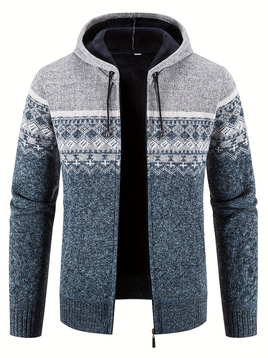 Men’s Zip-Front Knit Hoodie Jacket | Nordic Pattern | Casual Cold-Weather Layer