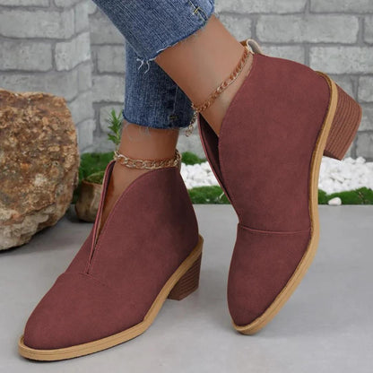 V-Cut Ankle Booties | Slip-On Chunky Heel Boots | Fall Casual Footwear