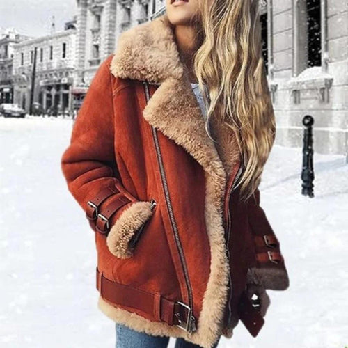 Shearling Lined Winter Jacket | Oversized Moto Style with Buckle Trim | Cold Weather Outerwear