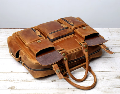 Genuine Leather Duffle Bag | Vintage Travel Holdall | Multi-Pocket Weekender