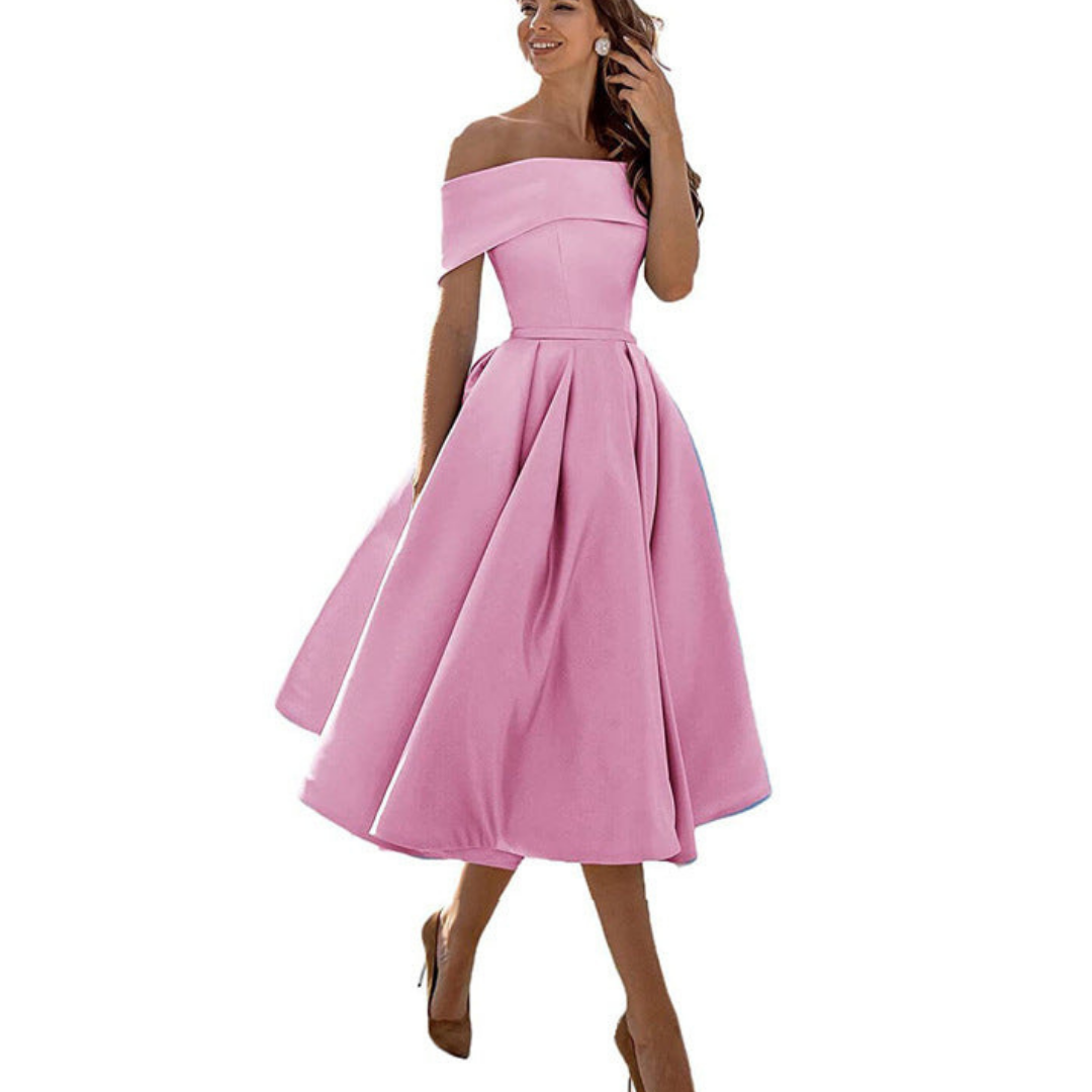 Off-Shoulder Midi Dress | Elegant Fit and Flare | Formal Event Ready