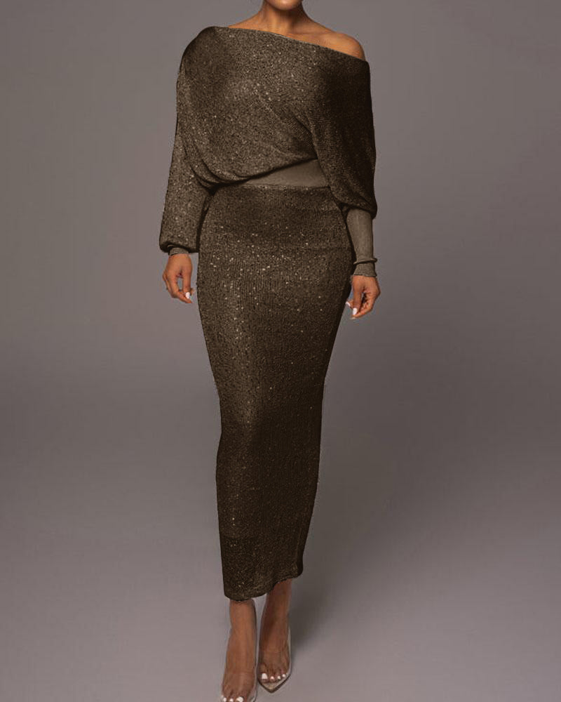 Off-Shoulder Glitter Gown | Long Sleeve Fitted Maxi | Elegant Evening Dress