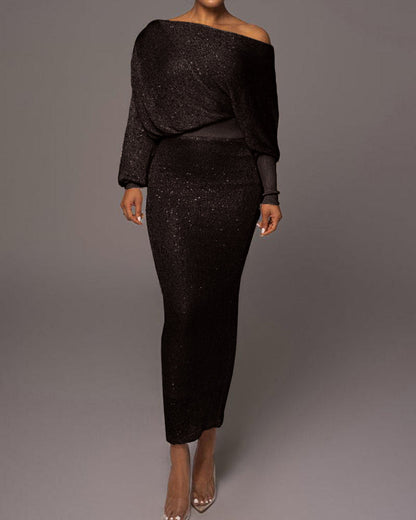 Off-Shoulder Glitter Gown | Long Sleeve Fitted Maxi | Elegant Evening Dress
