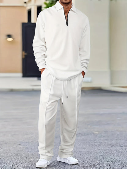 Men’s Textured Lounge Set | Quarter-Zip Pullover & Joggers | Relaxed Fit in Beige