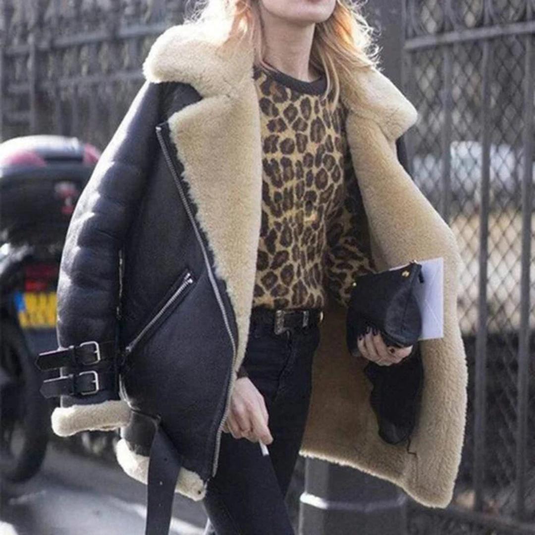 Shearling Lined Winter Jacket | Oversized Moto Style with Buckle Trim | Cold Weather Outerwear