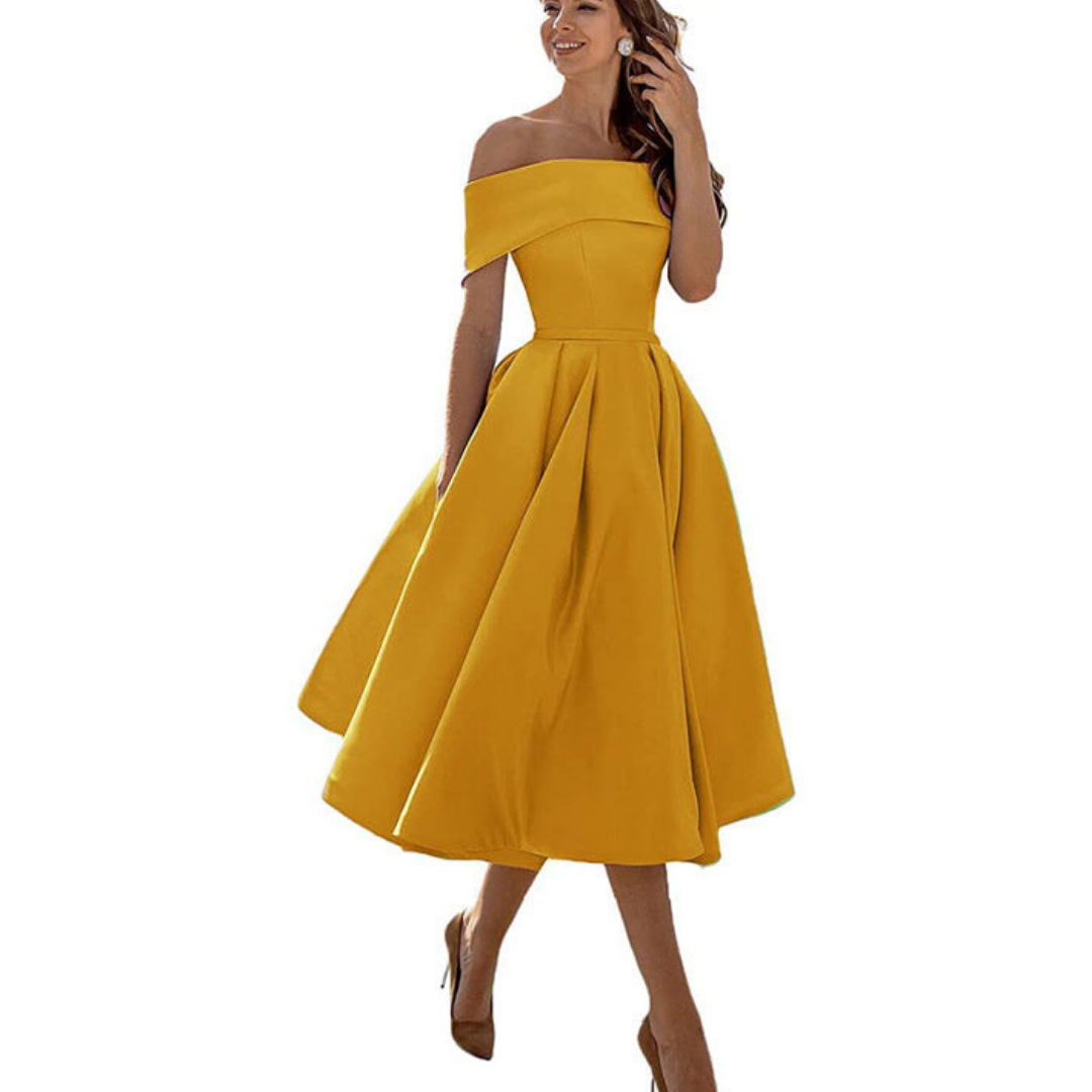 Off-Shoulder Midi Dress | Elegant Fit and Flare | Formal Event Ready