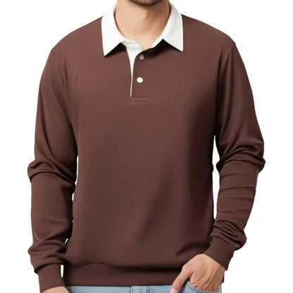 Men’s Long Sleeve Polo Sweatshirt | Ribbed Hem Rugby Style | Casual Smart-Collar Pullover