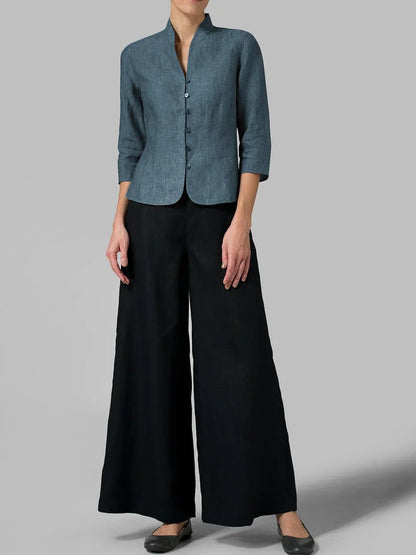 Mandarin Collar Button Blouse | 3/4 Sleeve | Tailored Linen Blend