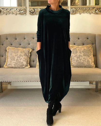 Women's Velvet Midi Dress | Long Sleeve Relaxed Fit | Elegant Fall Winter Outfit