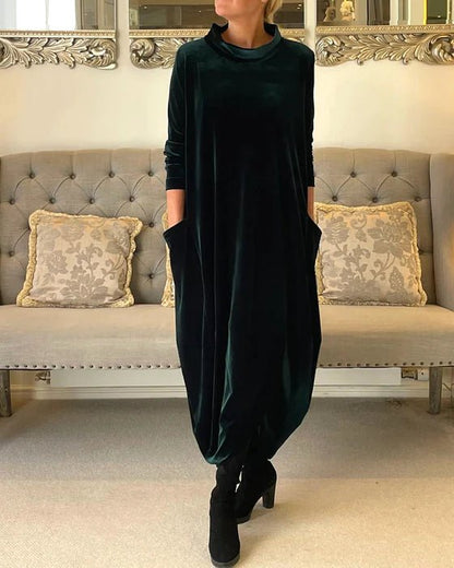 Velvet Long Sleeve Maxi Dress | Relaxed Fit | Cowl Neck with Pockets
