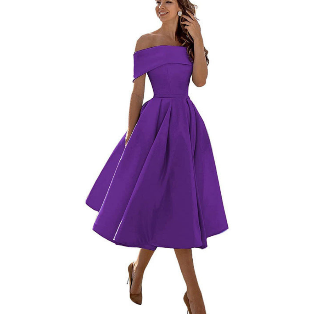 Off-Shoulder Midi Dress | Elegant Fit and Flare | Formal Event Ready