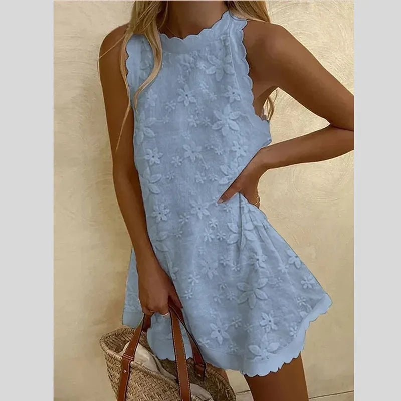 Embroidered Sleeveless Mini Dress | Scalloped Trim | Breezy A-Line Fit