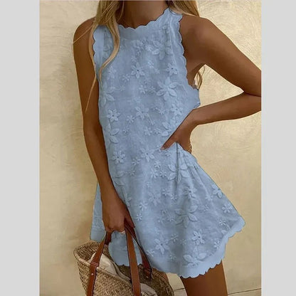 Embroidered Sleeveless Mini Dress | Scalloped Trim | Breezy A-Line Fit