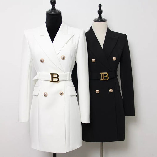 Belted Double-Breasted Blazer Dress | Gold Button Accents | Tailored Elegance | Versatile Style