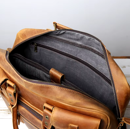 Genuine Leather Duffle Bag | Vintage Travel Holdall | Multi-Pocket Weekender
