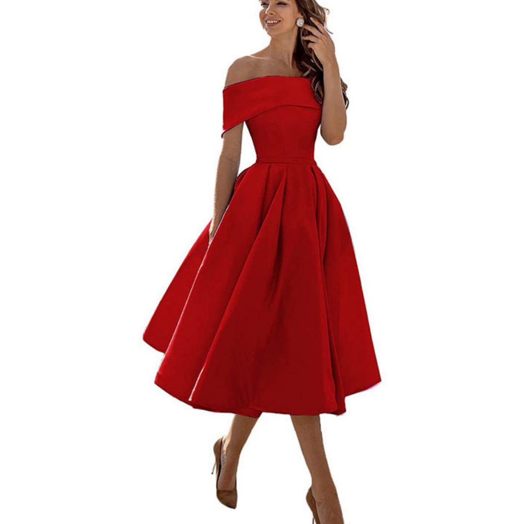 Off-Shoulder Midi Dress | Elegant Fit and Flare | Formal Event Ready