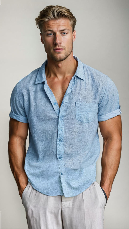 Men’s Sheer Linen Button-Up Shirt | Lightweight Summer Layer | Short Sleeve Casual Fit