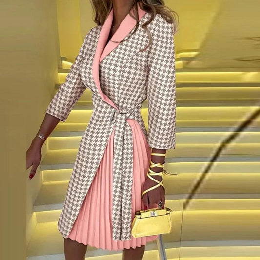 Wrap Front Midi Dress | 3/4 Sleeve & Pleated Contrast Skirt | Modern Structured Fit
