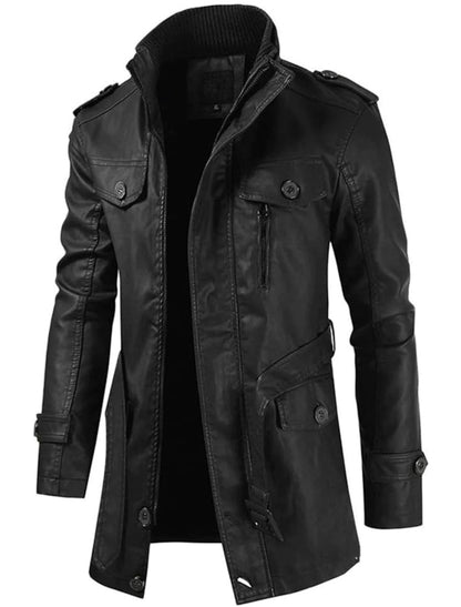 Men’s Faux Leather Trench Jacket | Slim Fit | Zipper & Button Closure