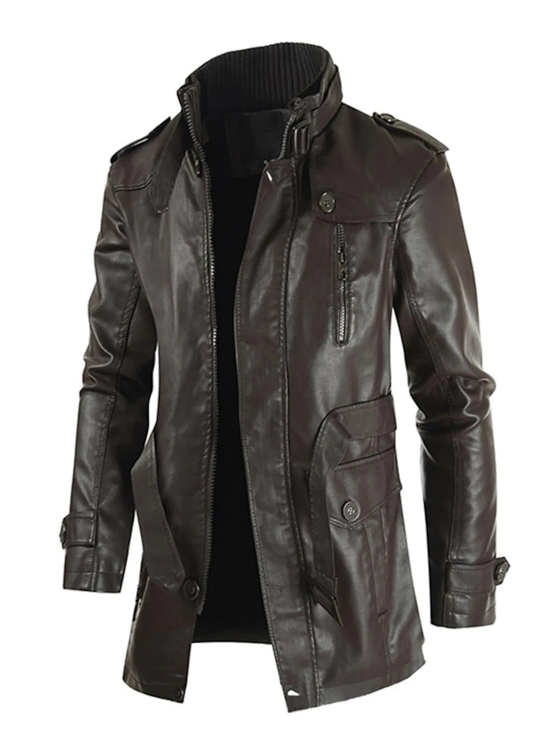 Men’s Faux Leather Trench Jacket | Slim Fit | Zipper & Button Closure