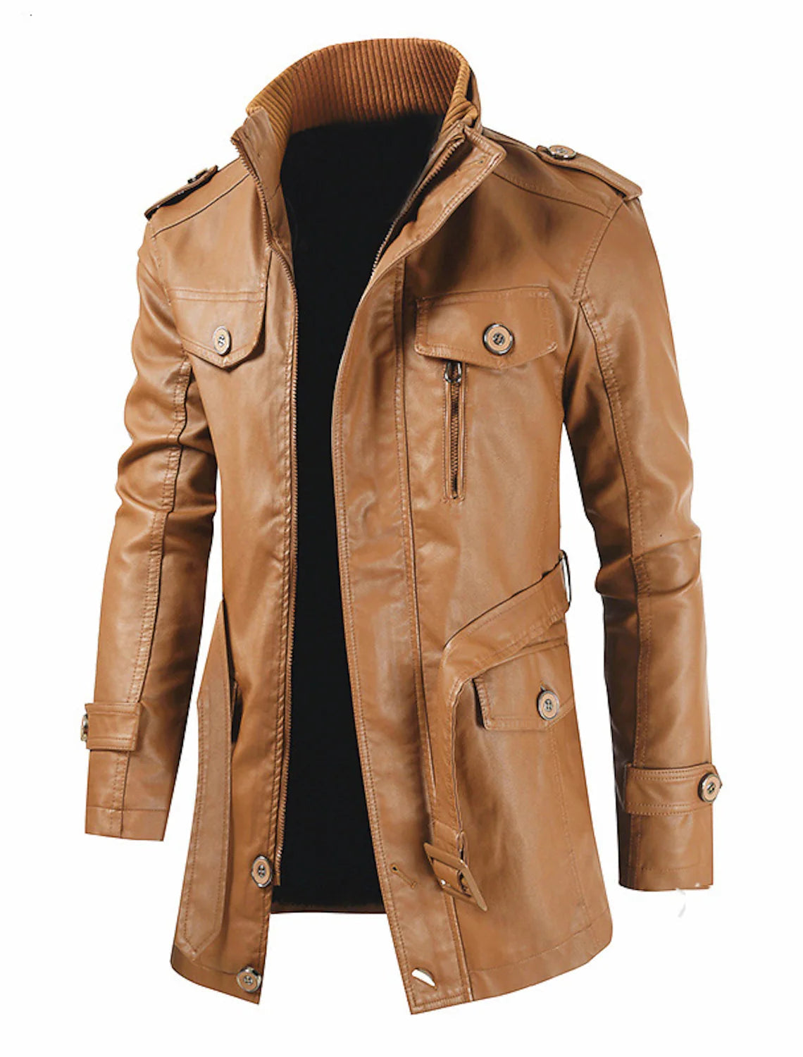 Men’s Faux Leather Trench Jacket | Slim Fit | Zipper & Button Closure