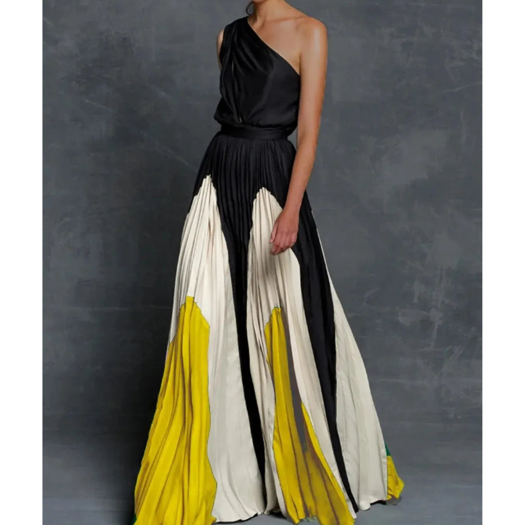 One-Shoulder Pleated Gown | Colourblock Satin | Elegant Formalwear