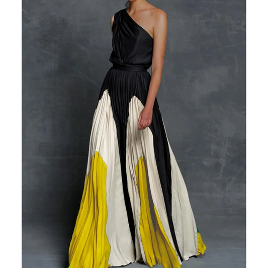 One-Shoulder Pleated Gown | Colourblock Satin | Elegant Formalwear