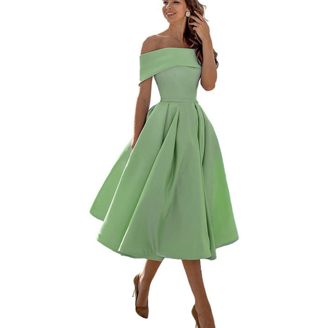 Off-Shoulder Midi Dress | Elegant Fit and Flare | Formal Event Ready