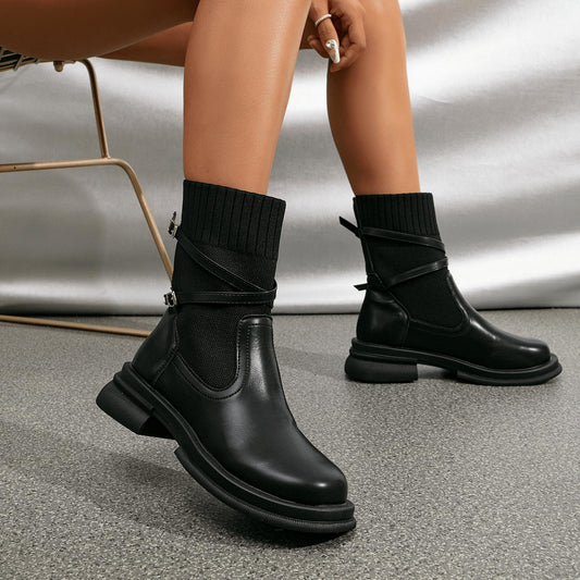 Ribbed Sock Ankle Boots | PU Leather | Chunky Sole | Trendy Fall & Winter Footwear
