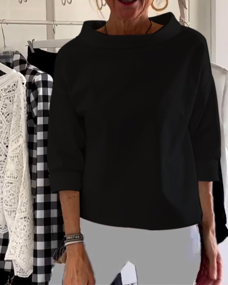 Wide Collar Knit Top | 3/4 Sleeve | Minimalist Silhouette