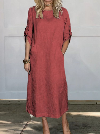 Relaxed Linen Midi Dress | Roll-Up Sleeves with Pockets | Minimalist Everyday Style