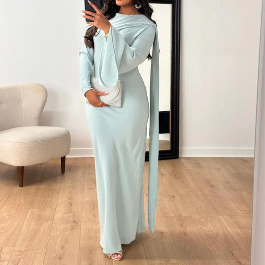 Elegant Maxi Gown | Draped Sleeve & High Neck | Modest Formal Evening Dress