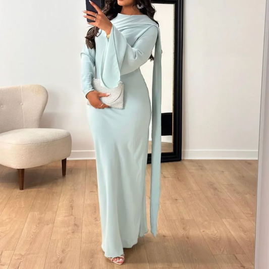 Elegant Maxi Gown | Draped Sleeve & High Neck | Modest Formal Evening Dress