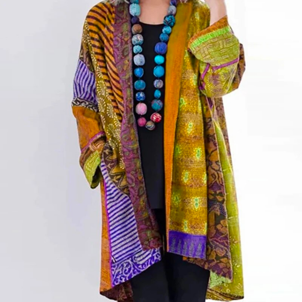 Women’s Boho Kimono Cardigan | Lightweight Patchwork Layer | Open-Front Drape