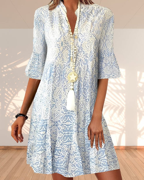 Boho Print Tunic Dress | Lightweight Rayon | Flared Sleeve
