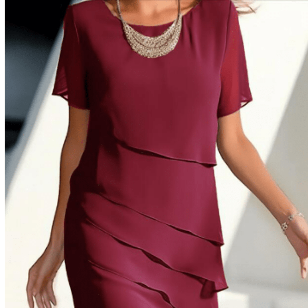 Layered Chiffon Sheath Dress | Short Sleeve | Elegant Draped Overlay