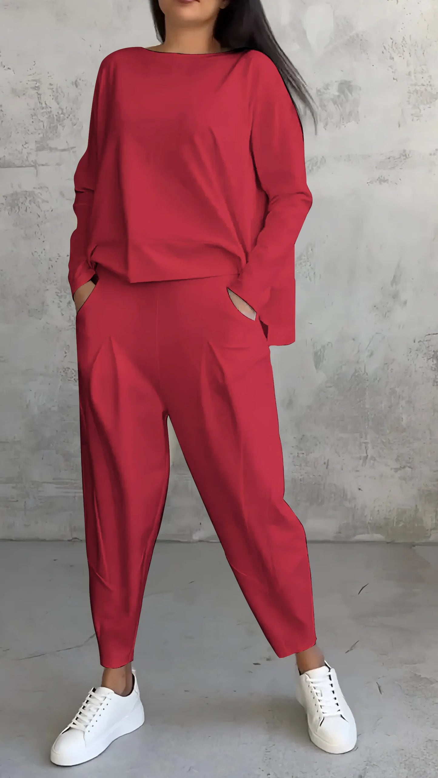Relaxed Two-Piece Set | Long Sleeve Top | Tapered Pull-On Pants