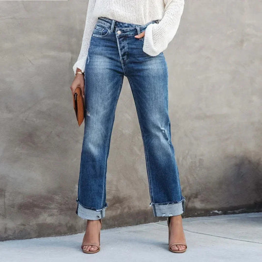 Straight-Leg Cuffed Jeans | Mid-Wash Denim | Rolled Hem Detail