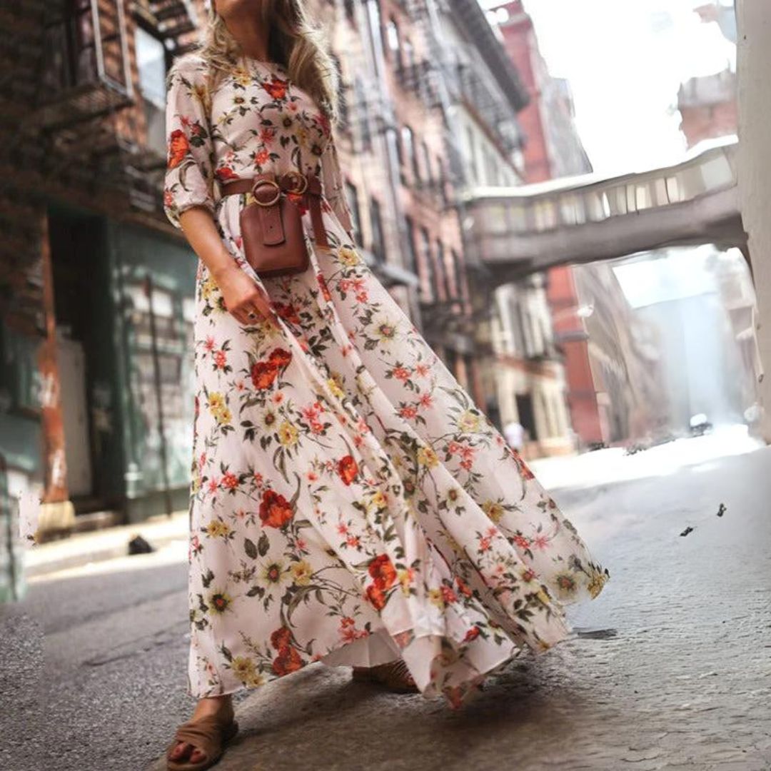 Floral Chiffon Maxi Dress | Cinched Waist | Flowy Silhouette