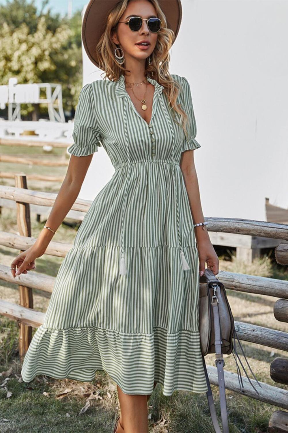 Striped Boho Midi Dress | Tassel Tie Neckline | Short Puff Sleeves