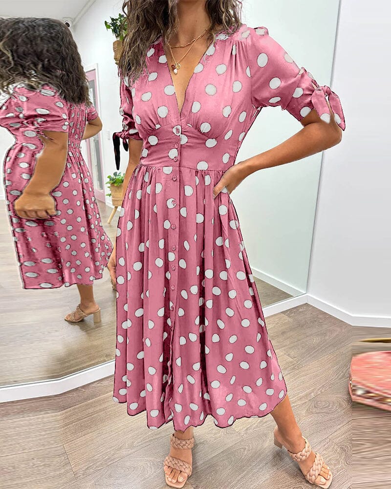 Polka Dot Wrap Midi Dress | V-Neck | Flowy Belted Fit