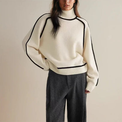Turtleneck Wool Blend Sweater | Contrast Trim | Relaxed Fit