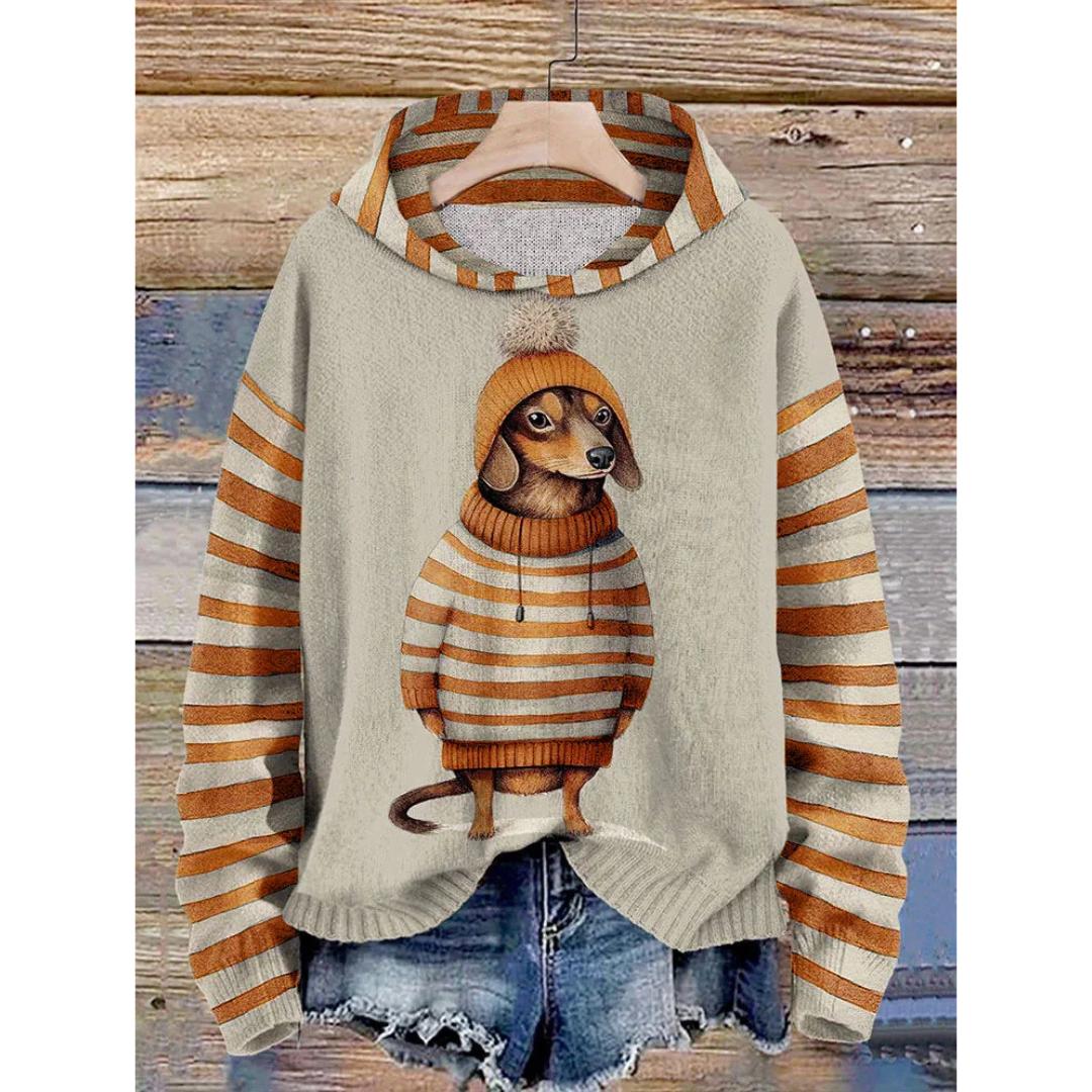 Striped Dog Print Hoodie | Casual Pullover | Lightweight Knit