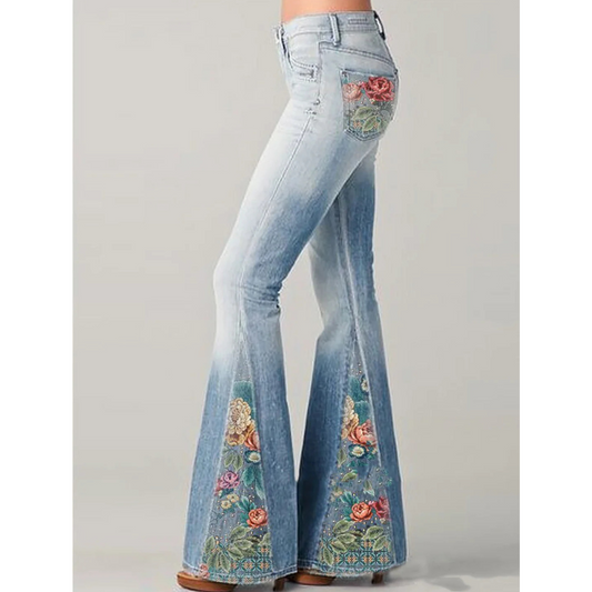 Boho Flared Jeans | Ombre Wash with Floral Embroidery | High-Waist Retro Fit